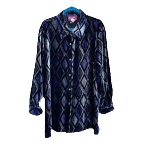 Denim & Co. Y2K Geometric‎ Diamond Print Velvet Big Shirt Tunic Sz L Blue Gray